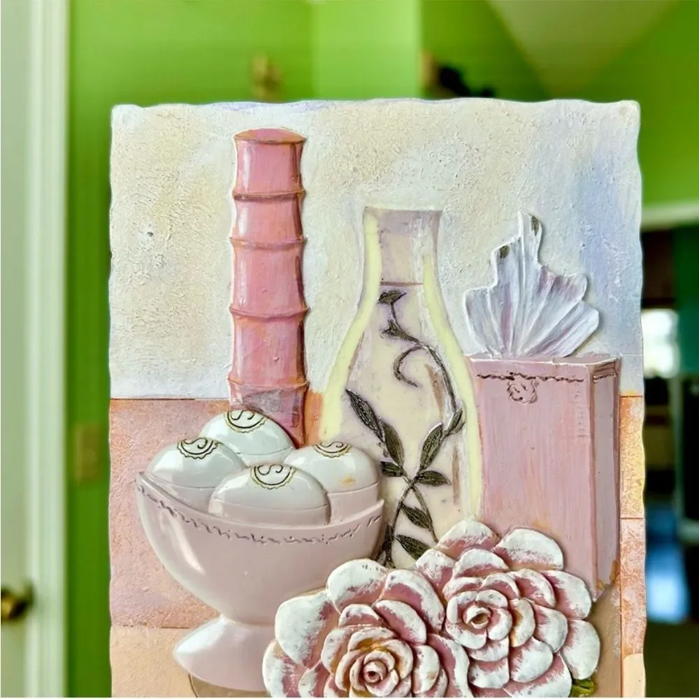VTG Colorful Floral Vase 3D Tile Textured Art Plaque Wall Home Decor Plaque